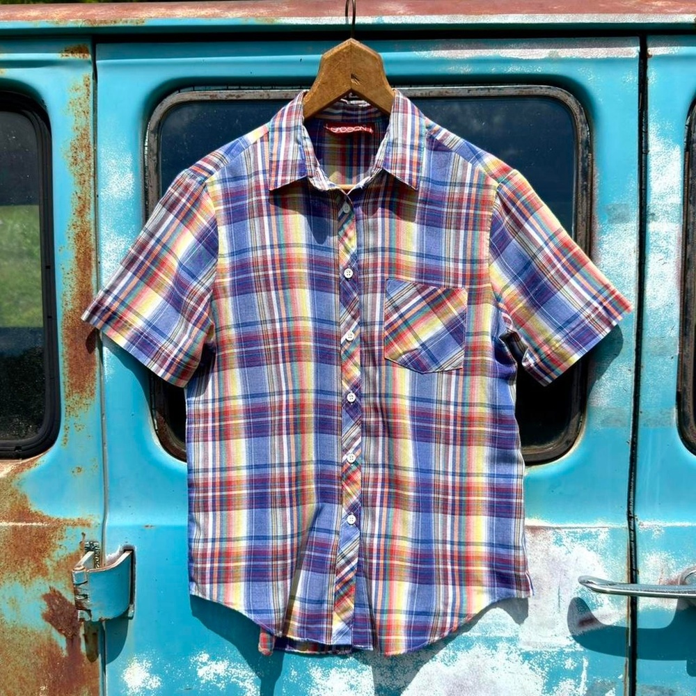 70s sasson thin gauze cotton rainbow plaid button up shirt